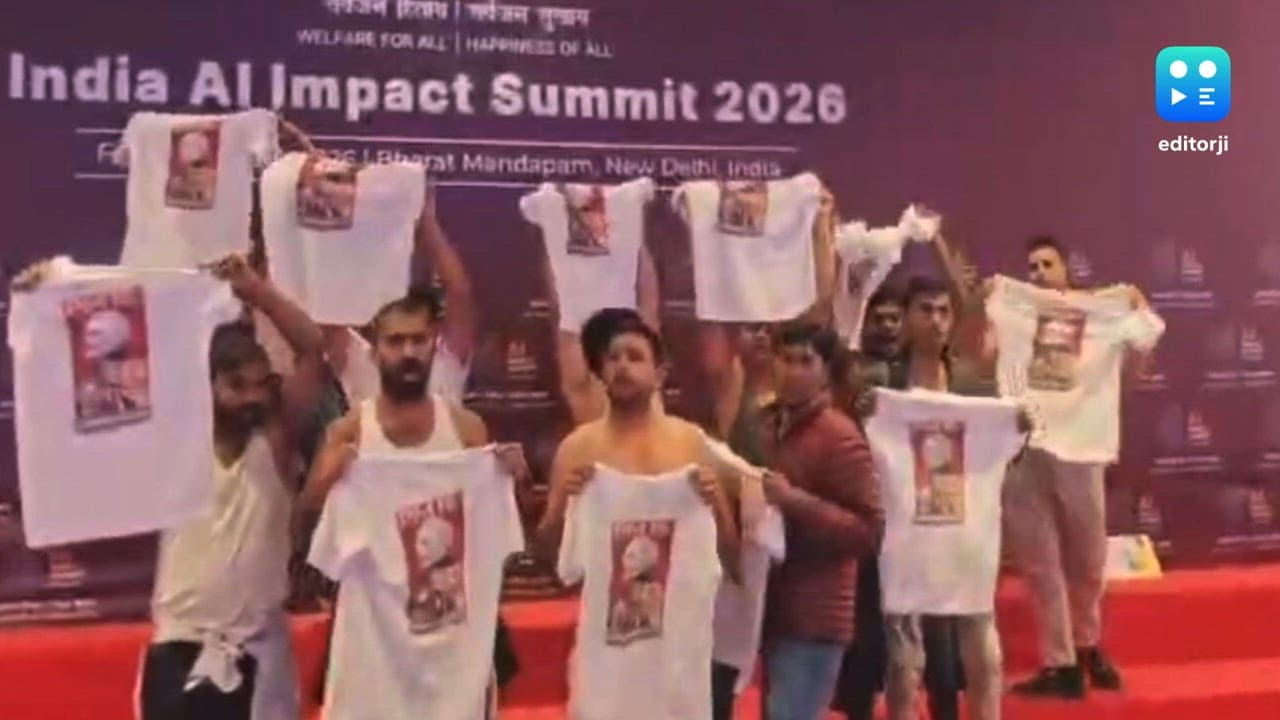 Youth Congress stages shirtless protest at Bharat Mandapam during AI Impact Summit