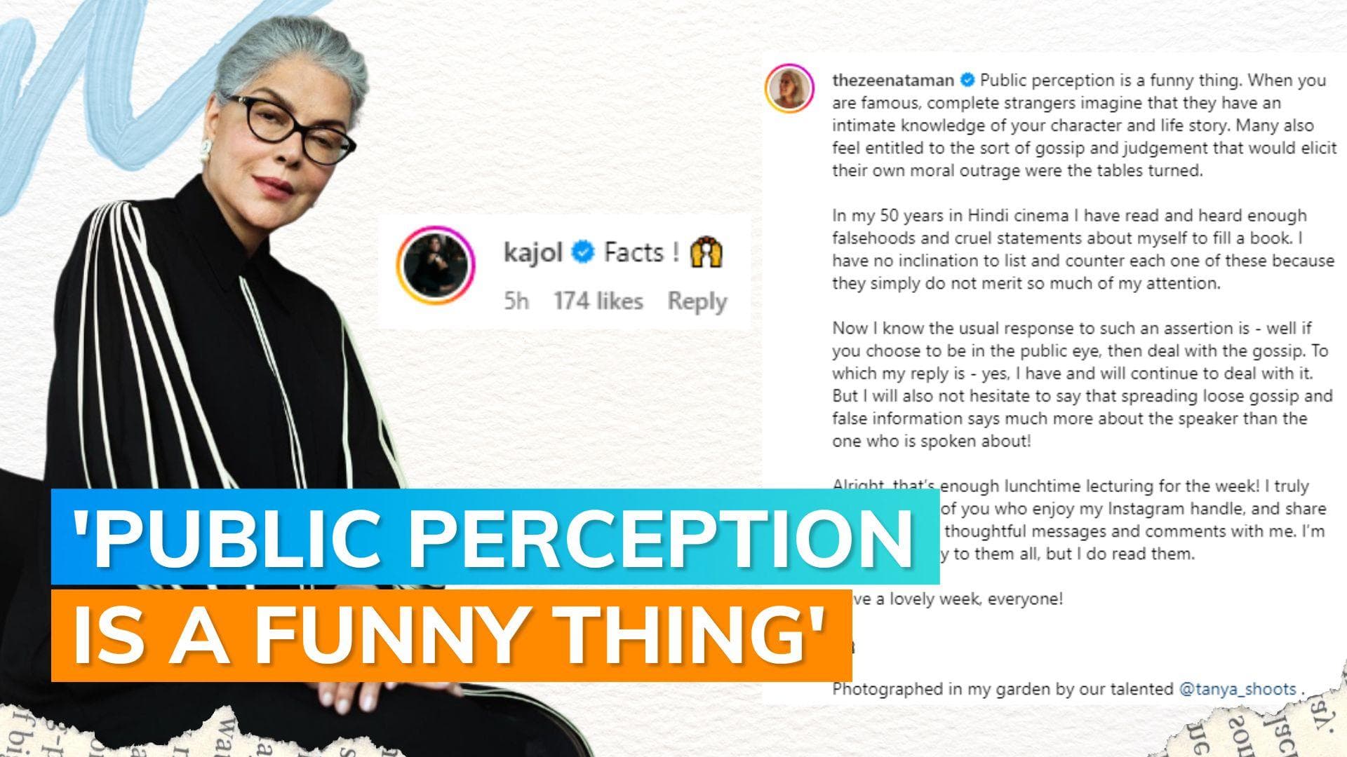 Zeenat Aman shares post on 'public perception' and hearing 'cruel statements'; Kajol reacts