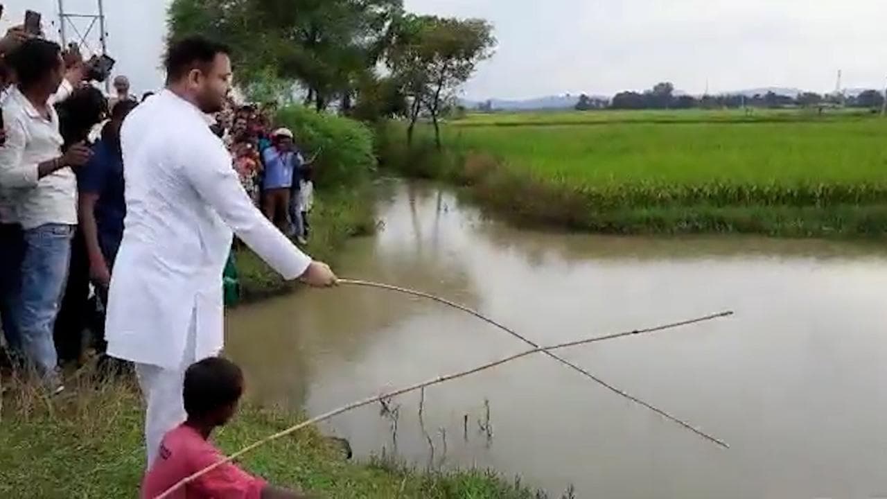 Tejashwi Yadav: चुनाव प्रचार के लिए निकले तेजस्वी काफिला रोक पकड़ने लगे मछली, देखिए Video
