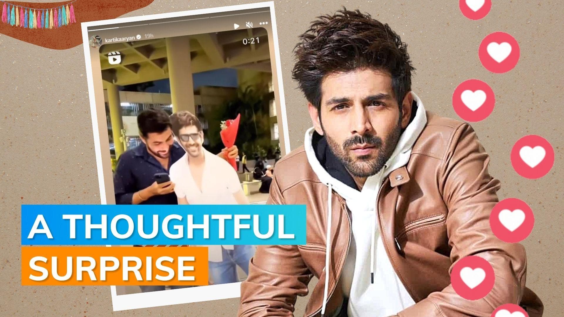 Kartik Aaryan reacts to a video of a fan's friend carrying actor's cut-out to receive her at airport