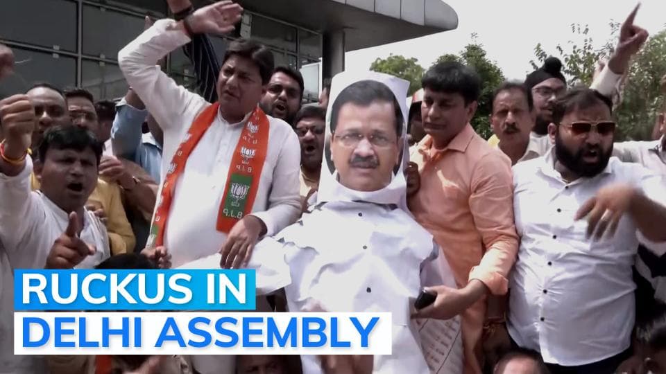 BJP leaders protest at Delhi Assembly after MLAs marshalled out for entire special session 
