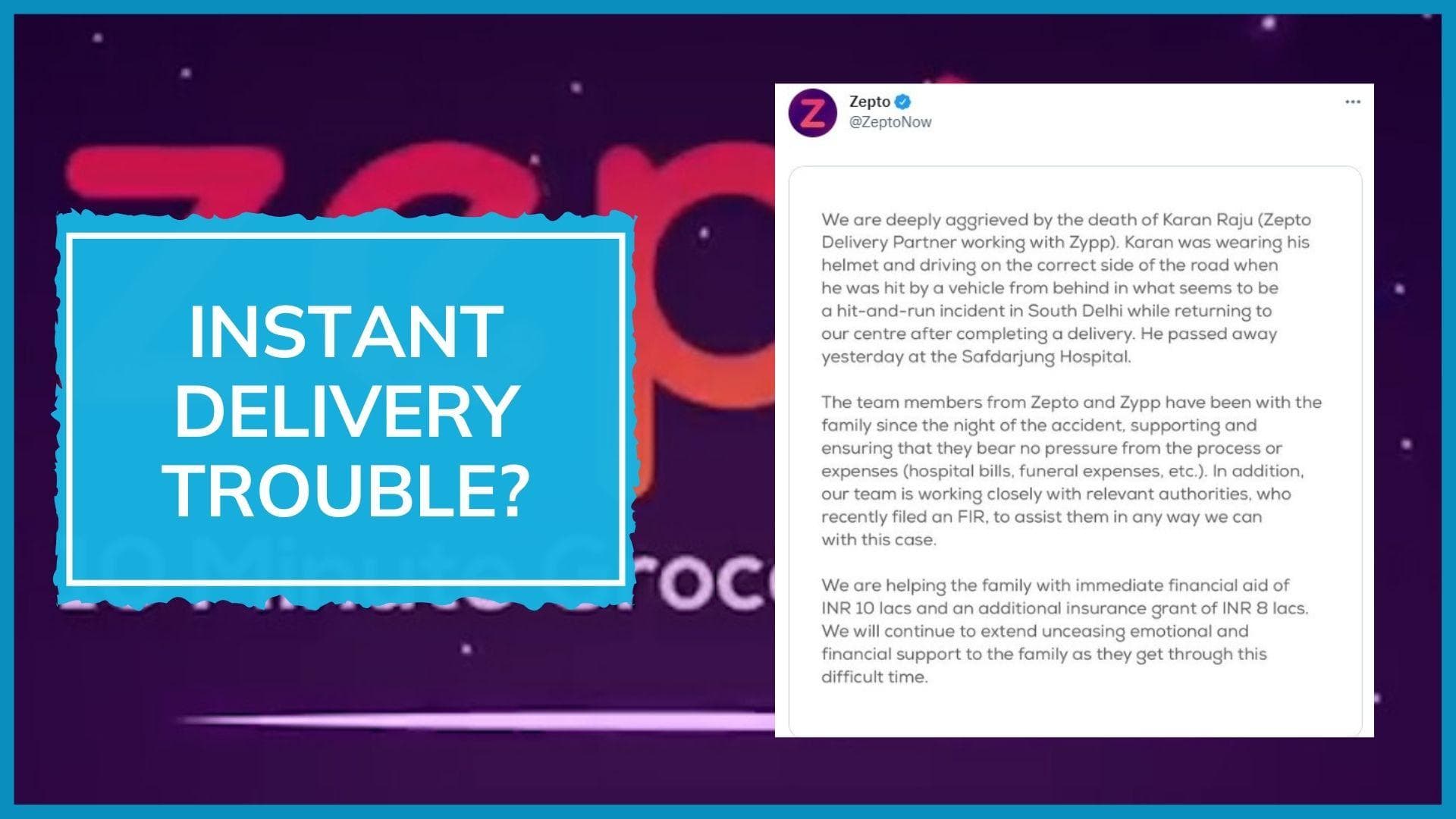 Delhi: Zepto delivery agent dies in hit-and-run accident, app pays ₹10 lakh compensation 