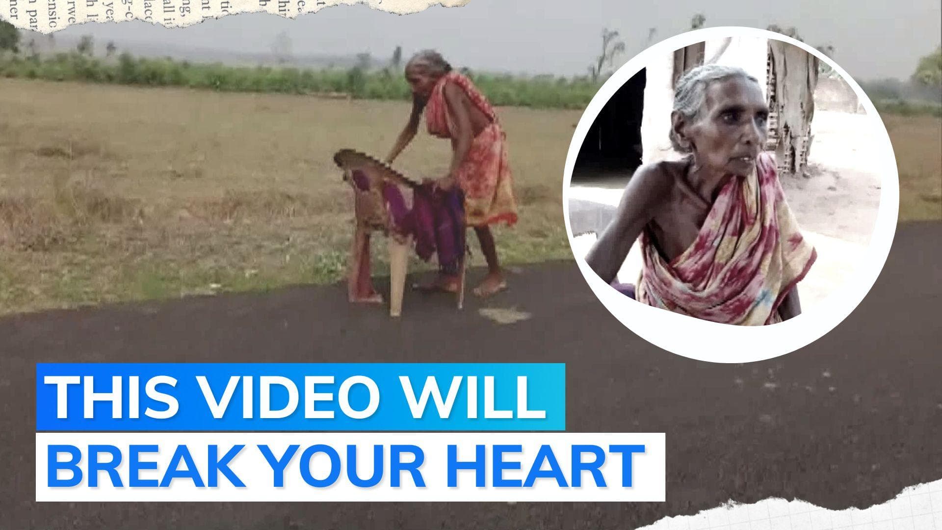 Old woman walks barefoot with broken chair's support for pension in Odisha