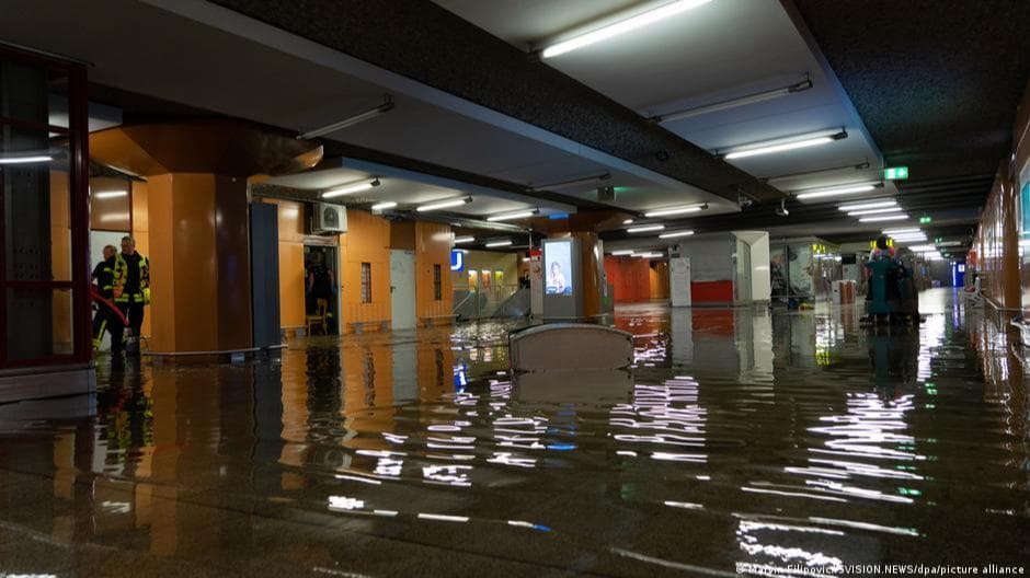 Chaos at Frankfurt airport as rainstorms flood runways