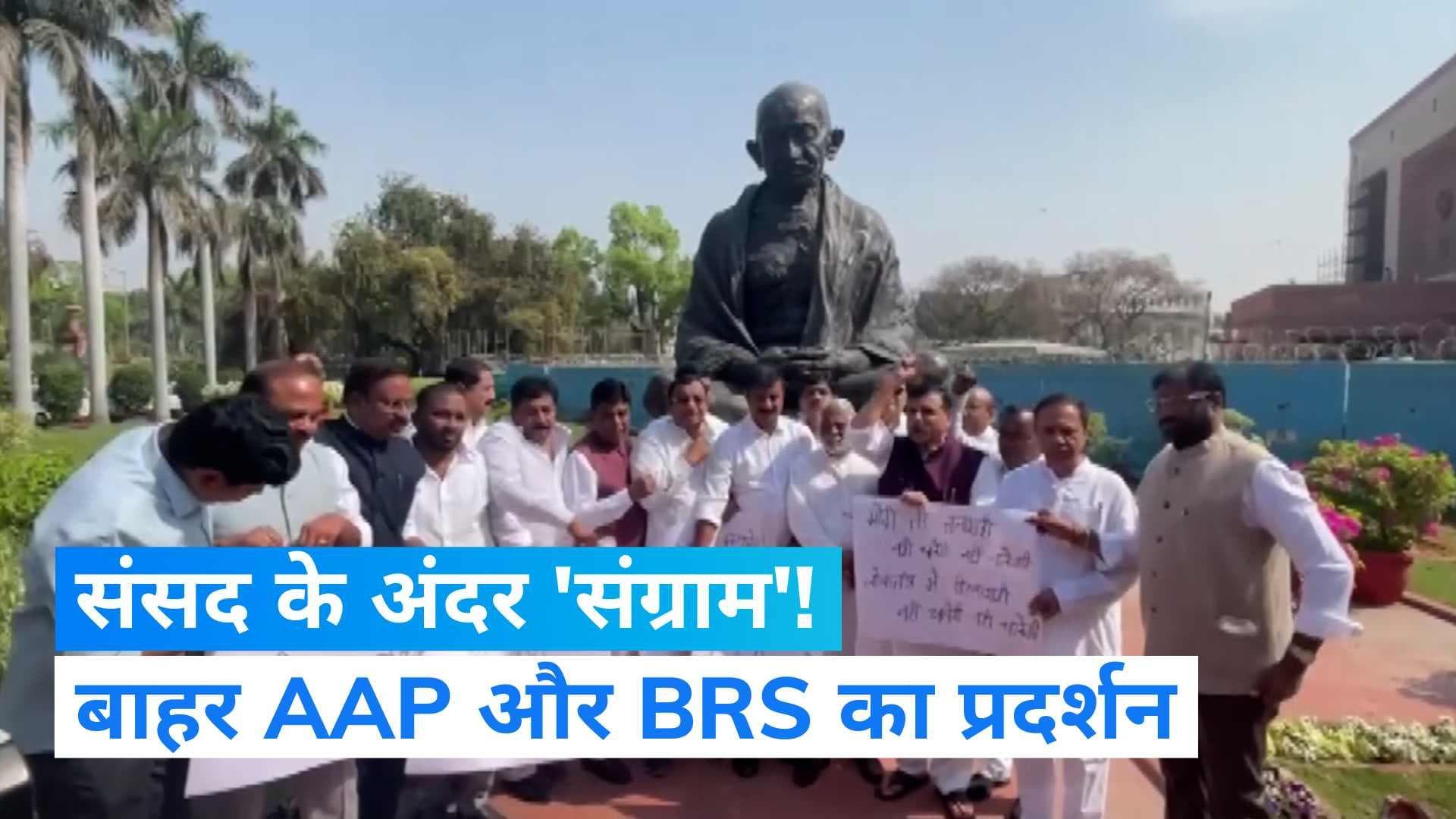 Budget session: AAP और BRS का संसद के बाहर प्रदर्शन, ED, CBI के कथित दुरुपयोग के खिलाफ धरना