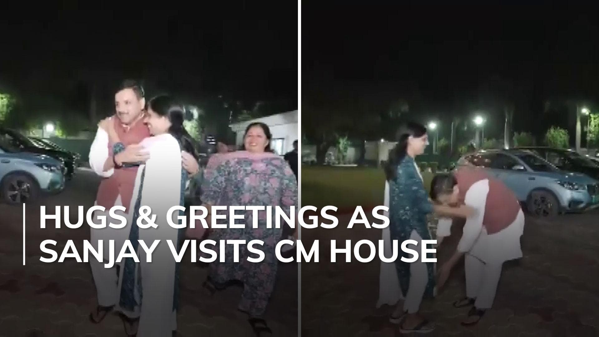 Sanjay Singh touches feet of Kejriwal's wife after release from jail