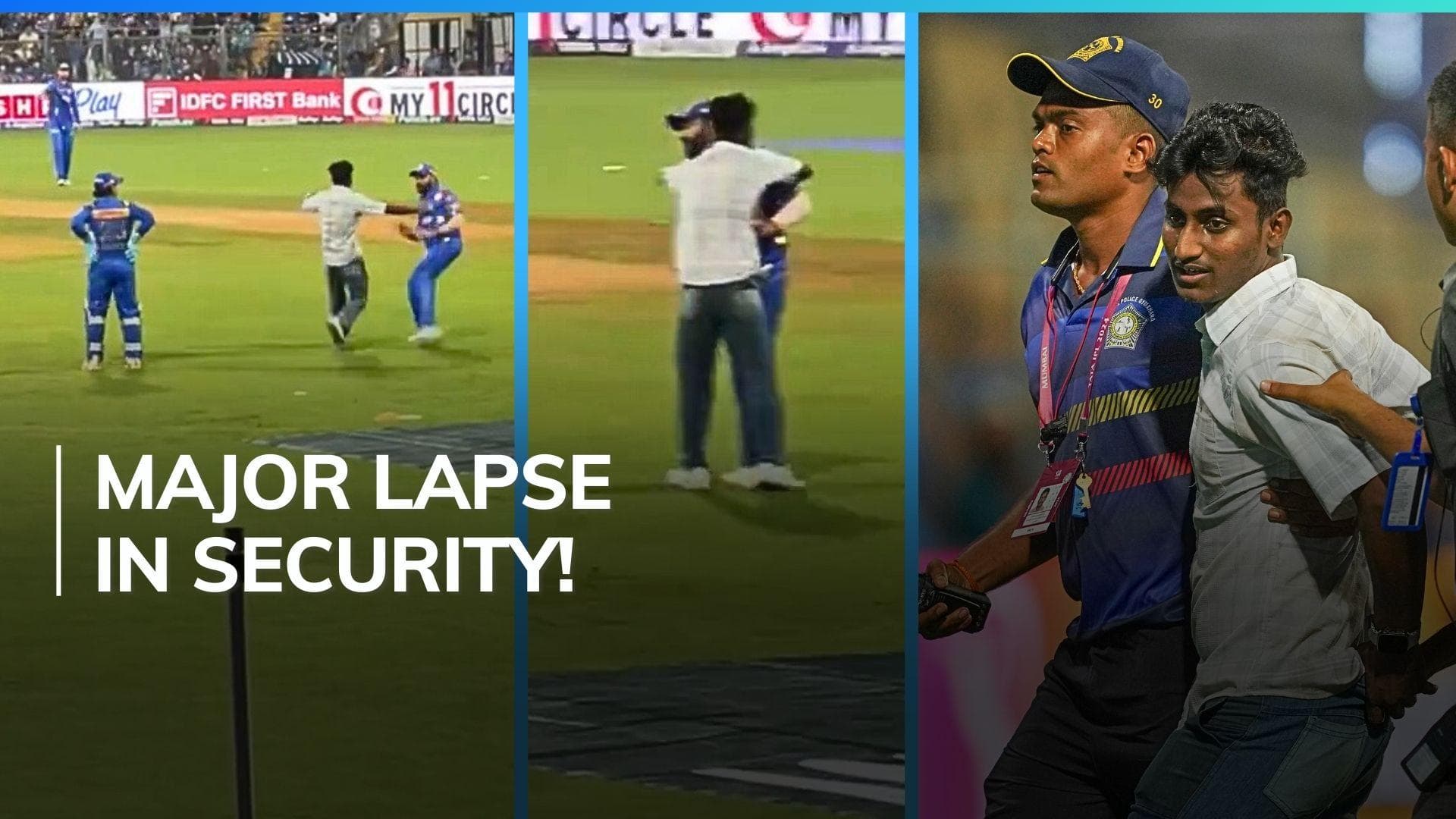 Watch! Pitch intruder scares Rohit Sharma, then hugs him and Ishan Kishan | IPL 2024, MI vs RR