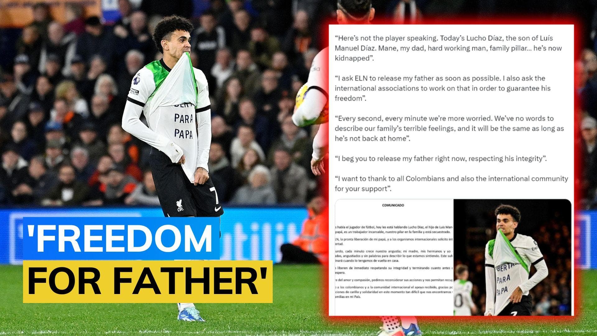 Luis Diaz appeals for release of his kidnapped father after scoring for Liverpool