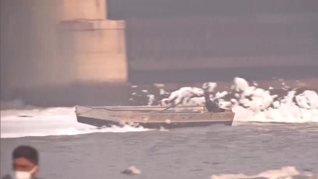 Watch: Boats, water cannons, barricades put to clear Yamuna foam for Chhath Puja