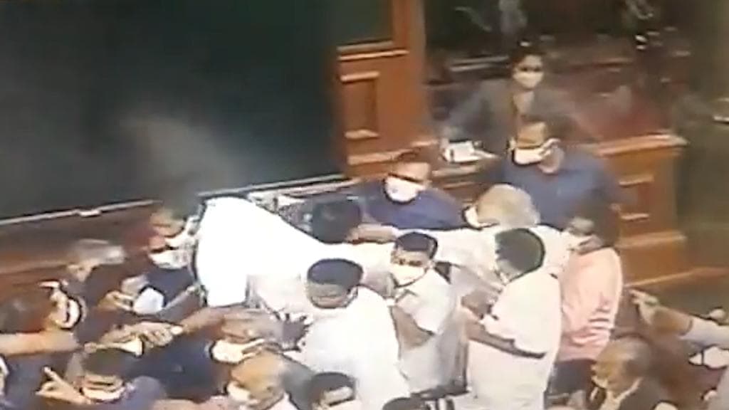 Watch: Opposition MPs versus marshals inside Rajya Sabha