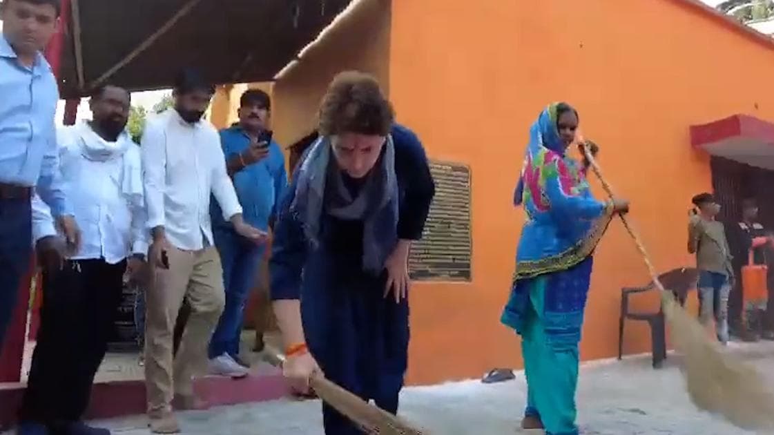 'Yogi's remark anti-Dalit': Priyanka Gandhi sweeps Valmiki temple floor. Watch
