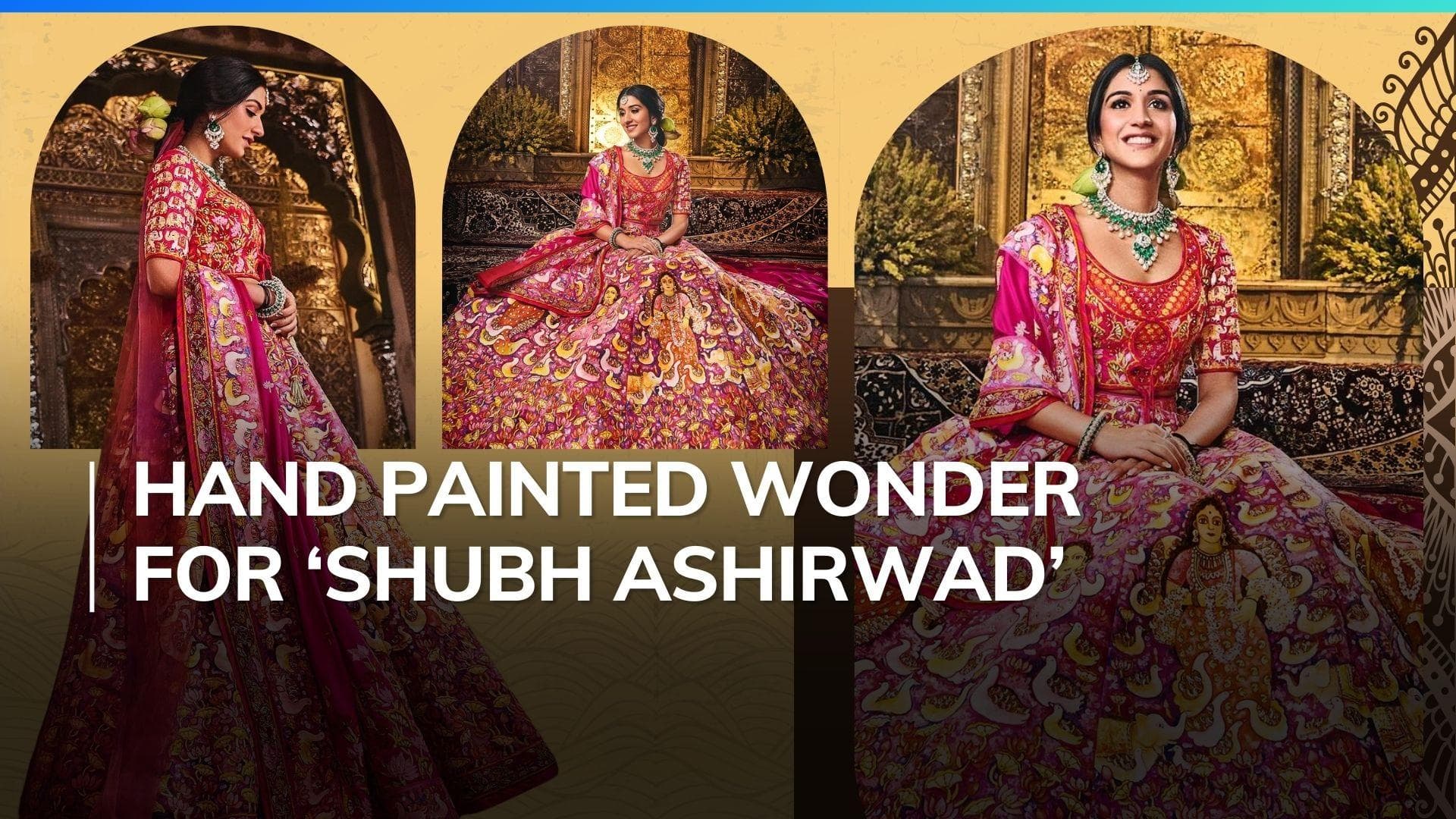 Newly wed Radhika wears hand painted lehenga by artist Jayasri Burman, sports real lotus flowers on hair