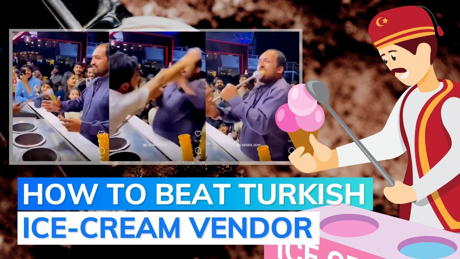 Watch: man almost breaks Turkish ice-cream vendor's arm in an attempt to eat it