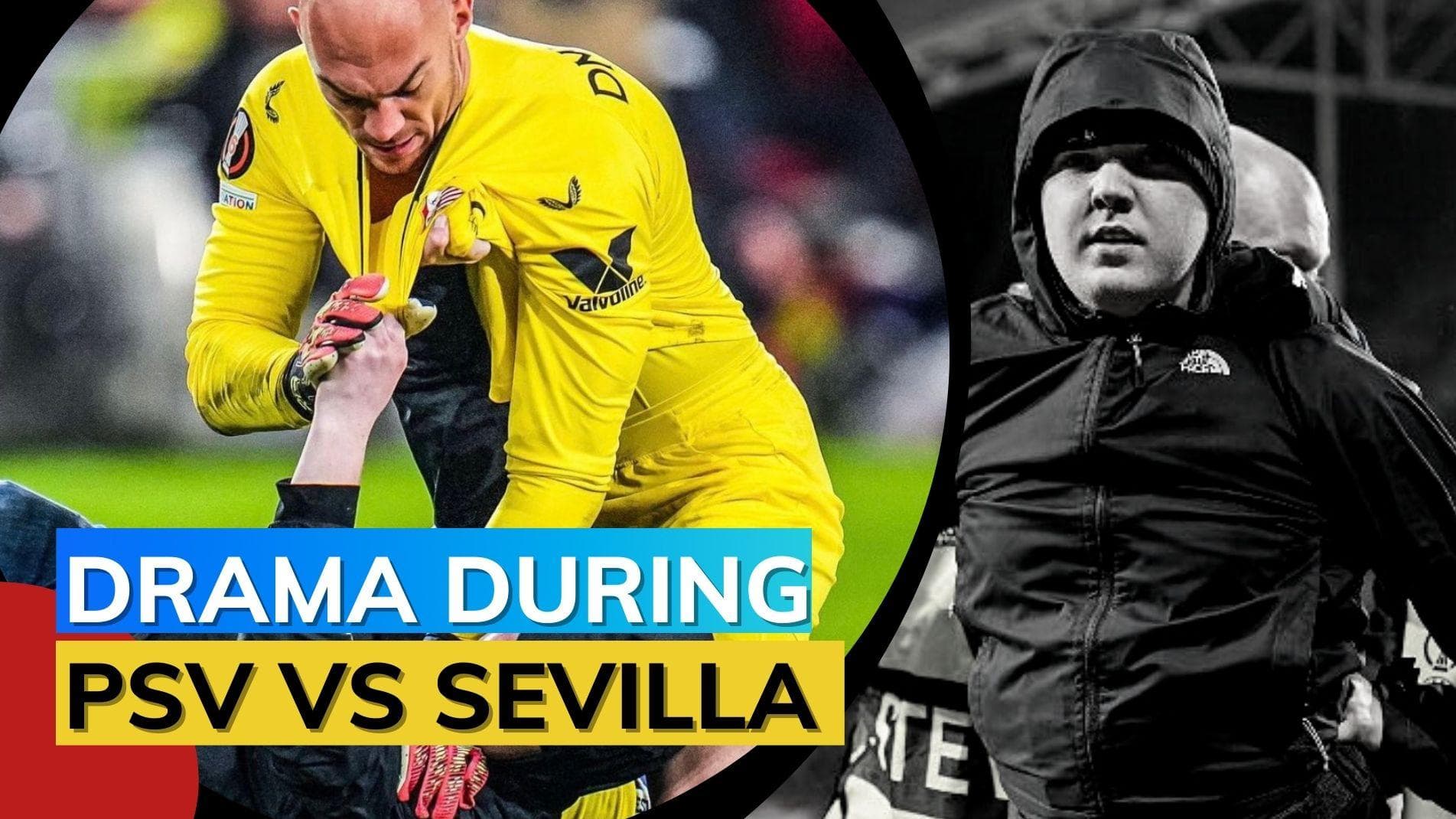 IN PICTURES: Sevilla goalkeeper punched in the face by PSV fan during Europa League match
