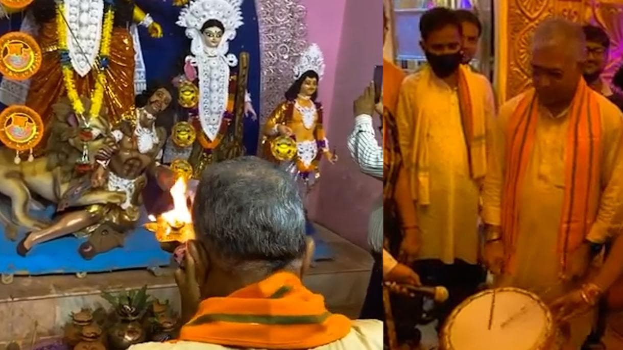 Dilip Ghosh : পুজোয় মেদিনীপুরে দিলীপ ঘোষ, মণ্ডপে বাজালেন ঢাক