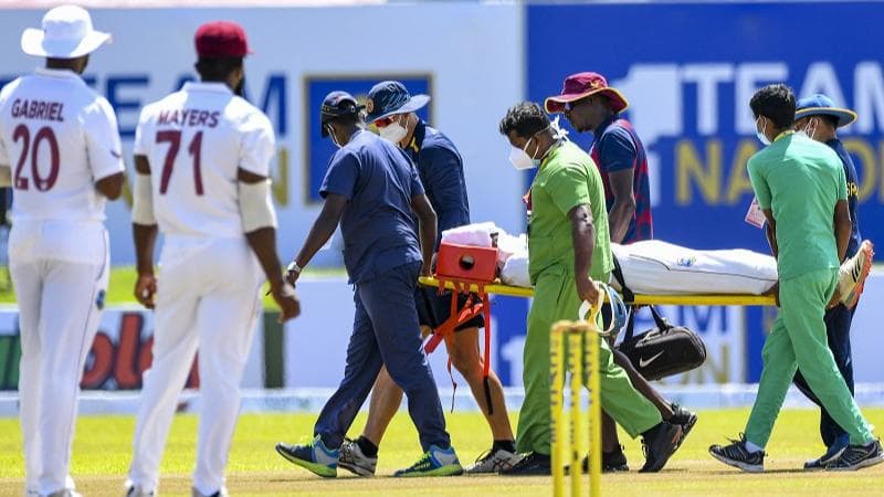 SL vs WI: Concerning moment in Galle as debutant Jeremy Solozano stretchered off after head injury