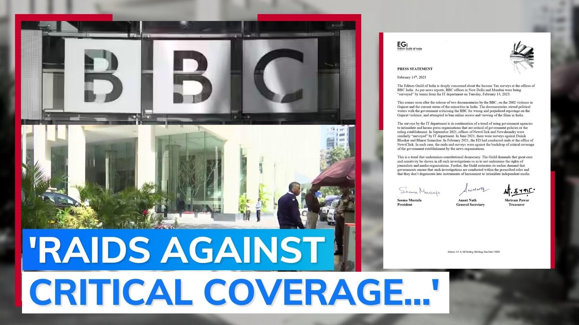 'Trend that undermines constitutional democracy', Editors Guild condemns I-T surveys at BBC offices