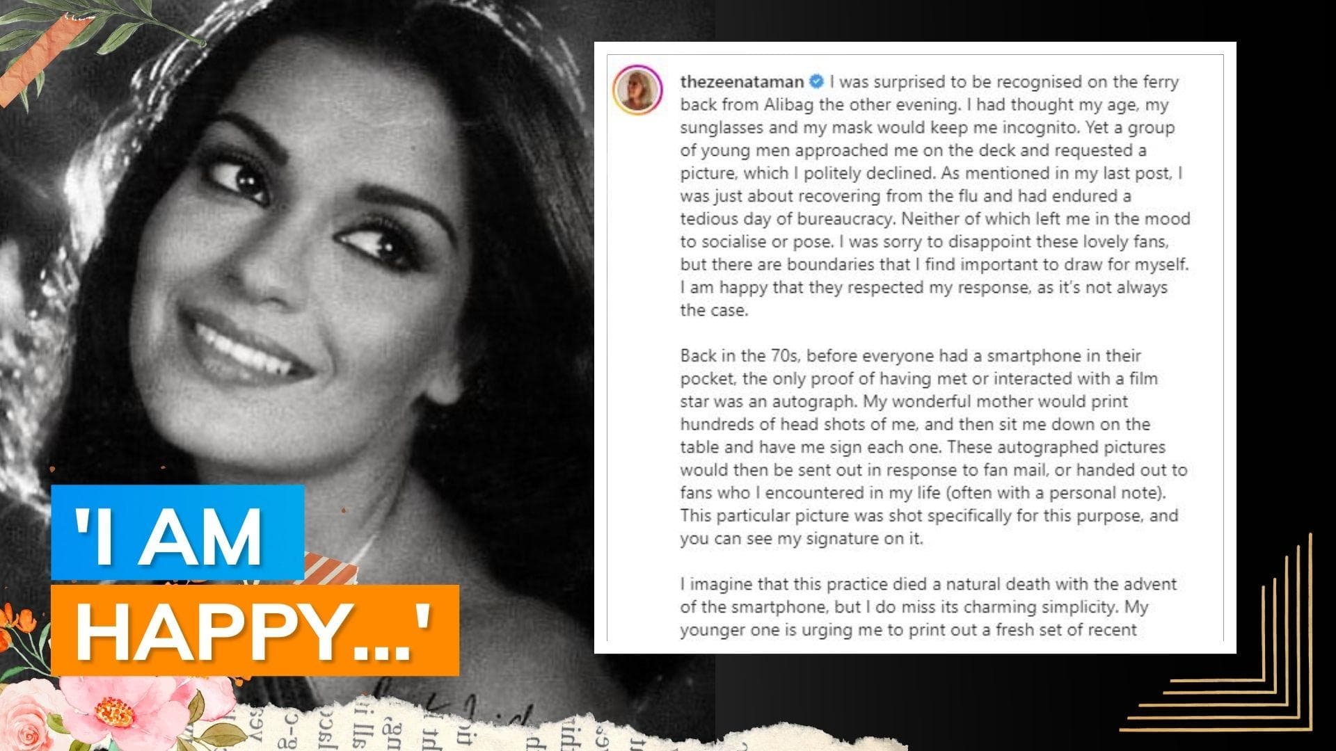 Zeenat Aman reveals why she didn't pose for selfies with fans recently