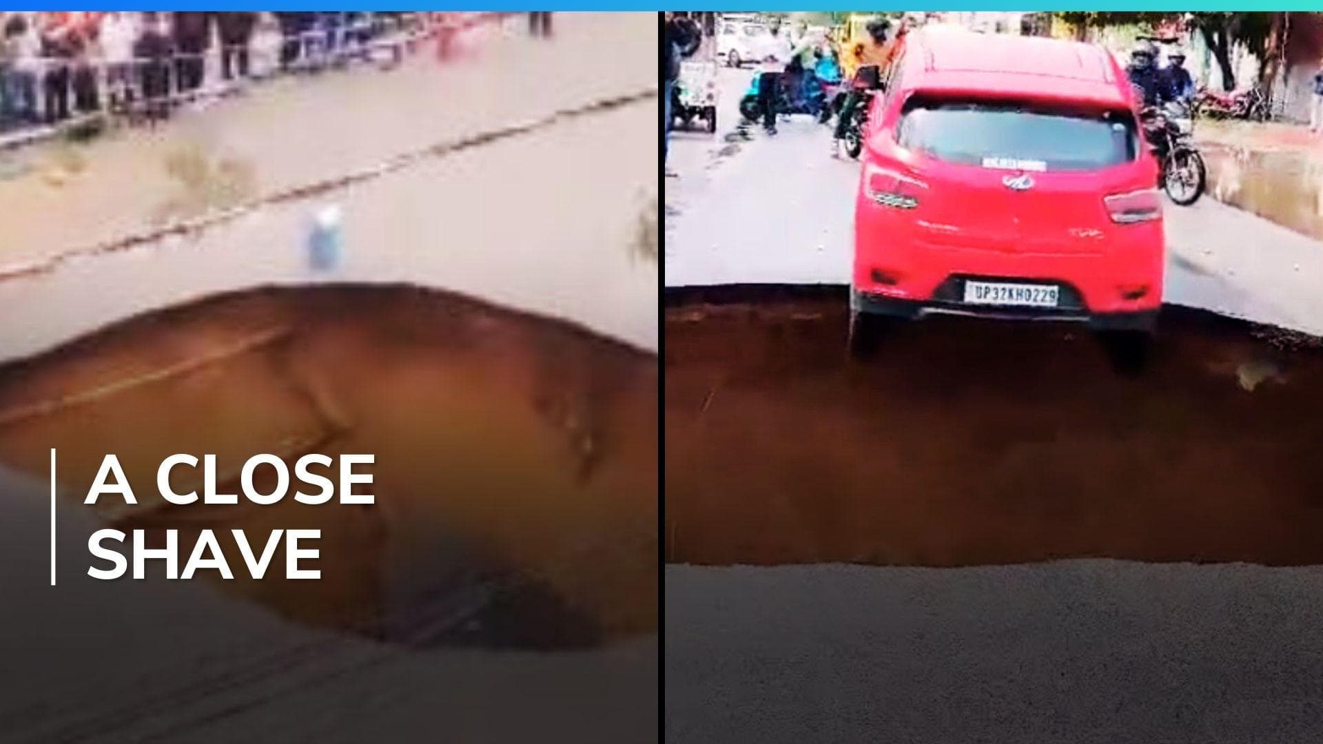 Watch: Lucknow road caves in after rain, car hangs on edge