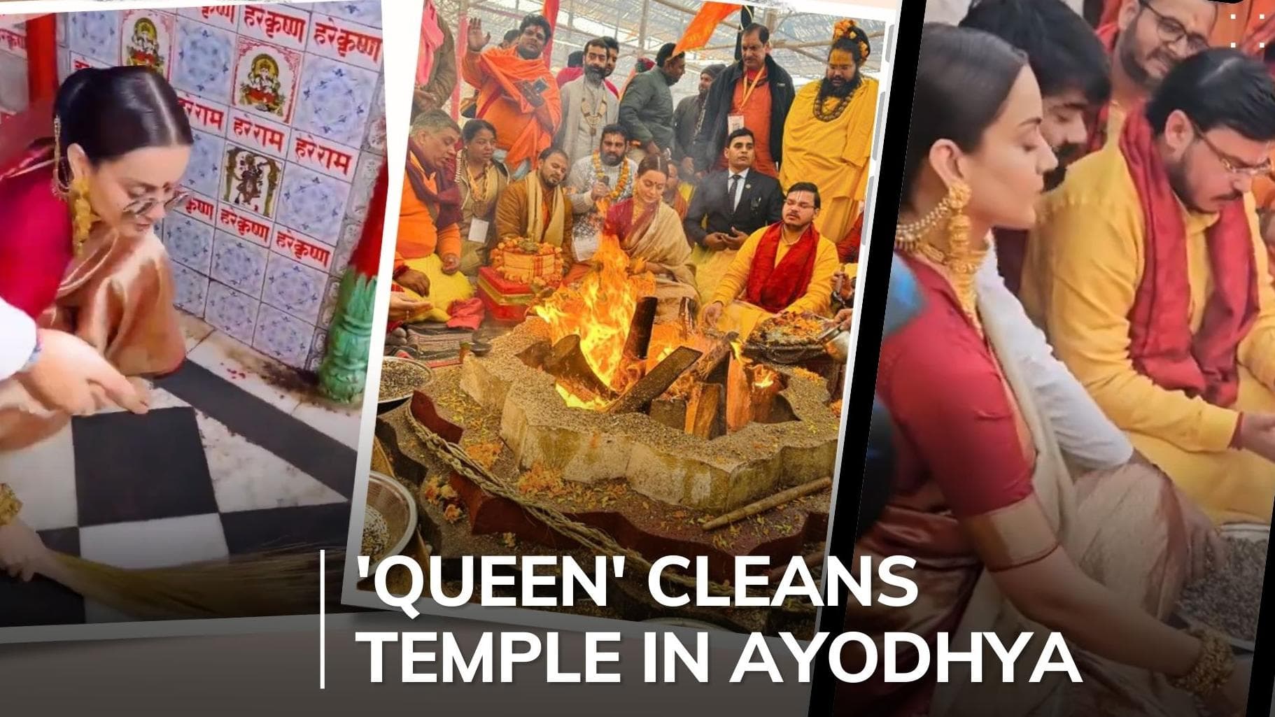 Saree-clad Kangana Ranaut sweeps temple floor in Ayodhya ahead of Pran Pratishatha, watch video