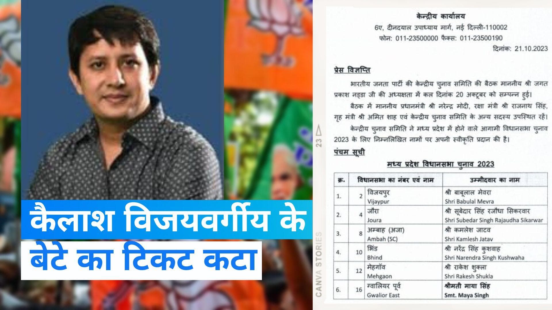 MP Election: एमपी चुनाव के लिए बीजेपी की 5वीं लिस्ट जारी, कैलाश विजयवर्गीय के बेटे का टिकट कटा