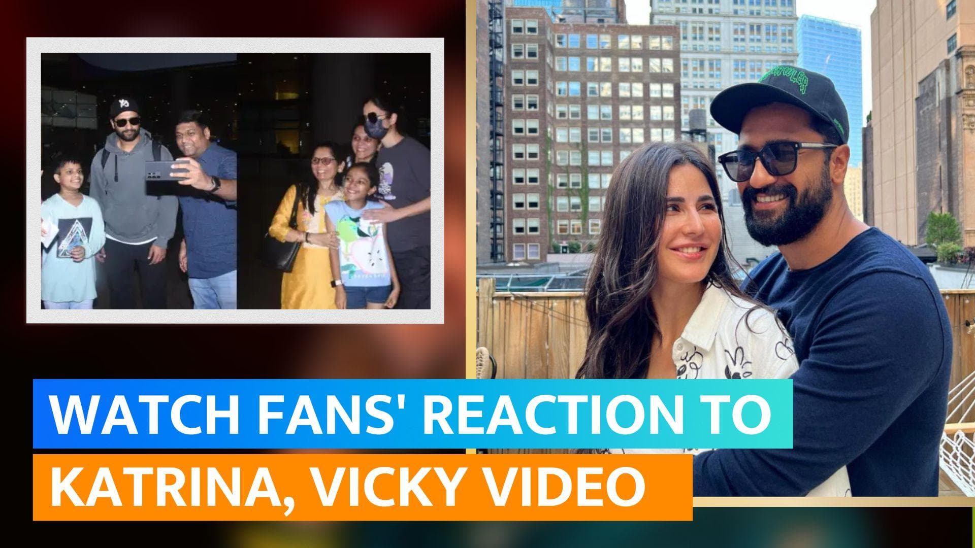 Katrina Kaif and Vicky Kaushal pose with fans as the couple leaves Mumbai airport