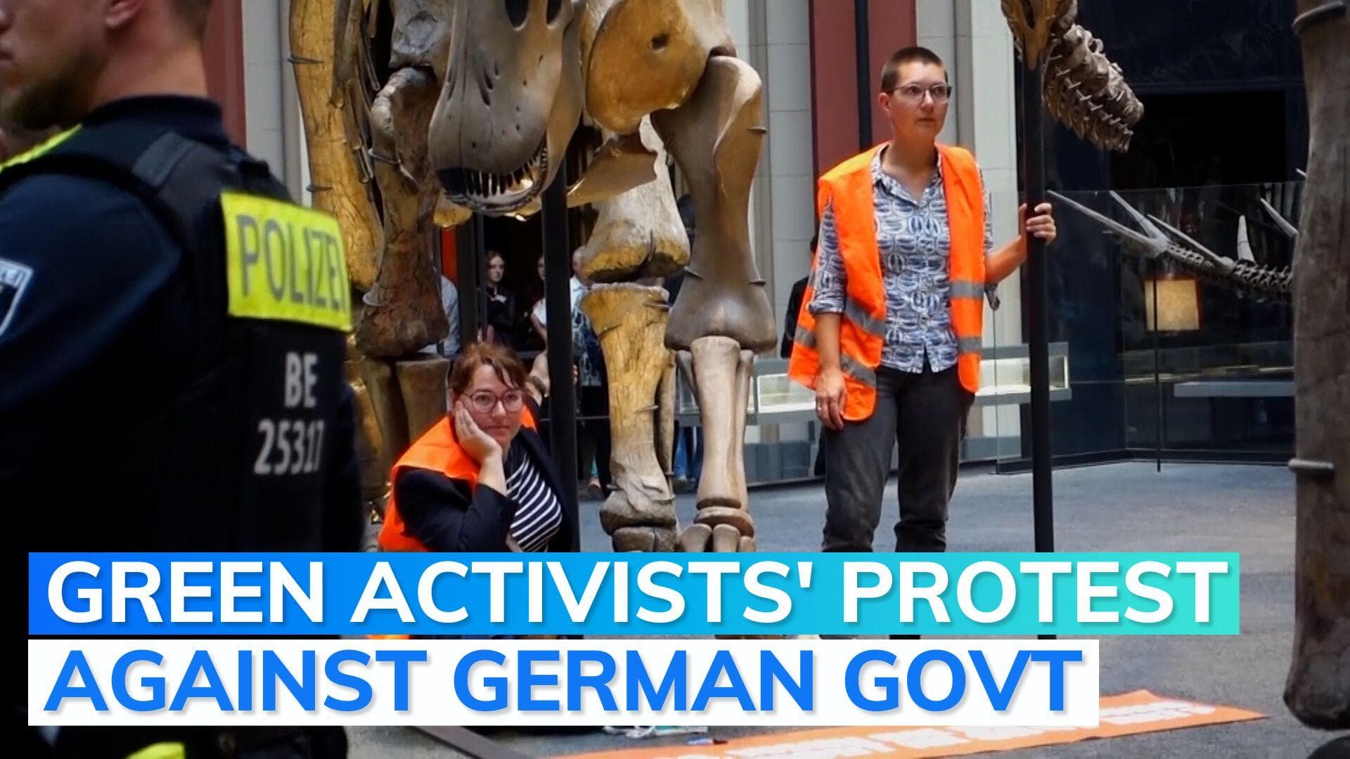 WATCH: Germany activists glue themselves to 'dinosaurs' to condemn climate crisis