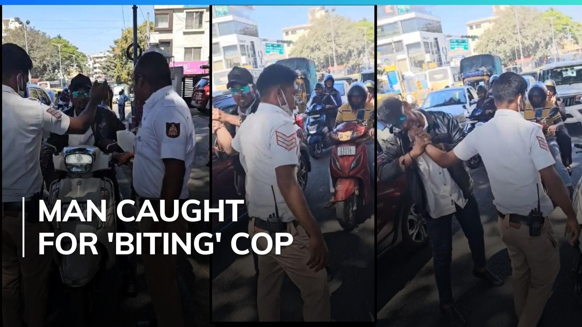 Watch | Bengaluru man caught without helmet, bites cop's finger