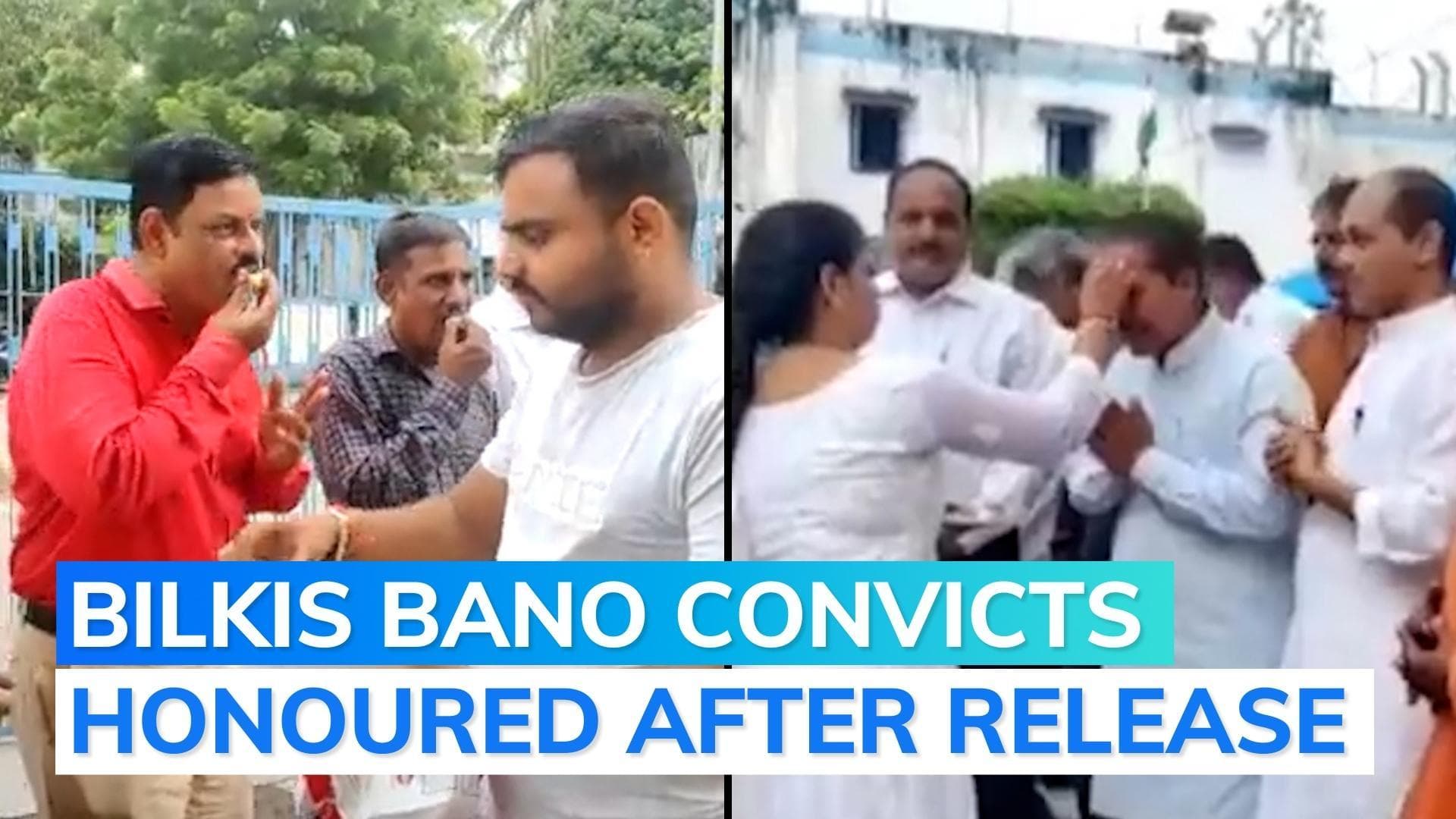 Video: sweets, tilak for convicts in Bilkis Bano rape case as they walk out of jail