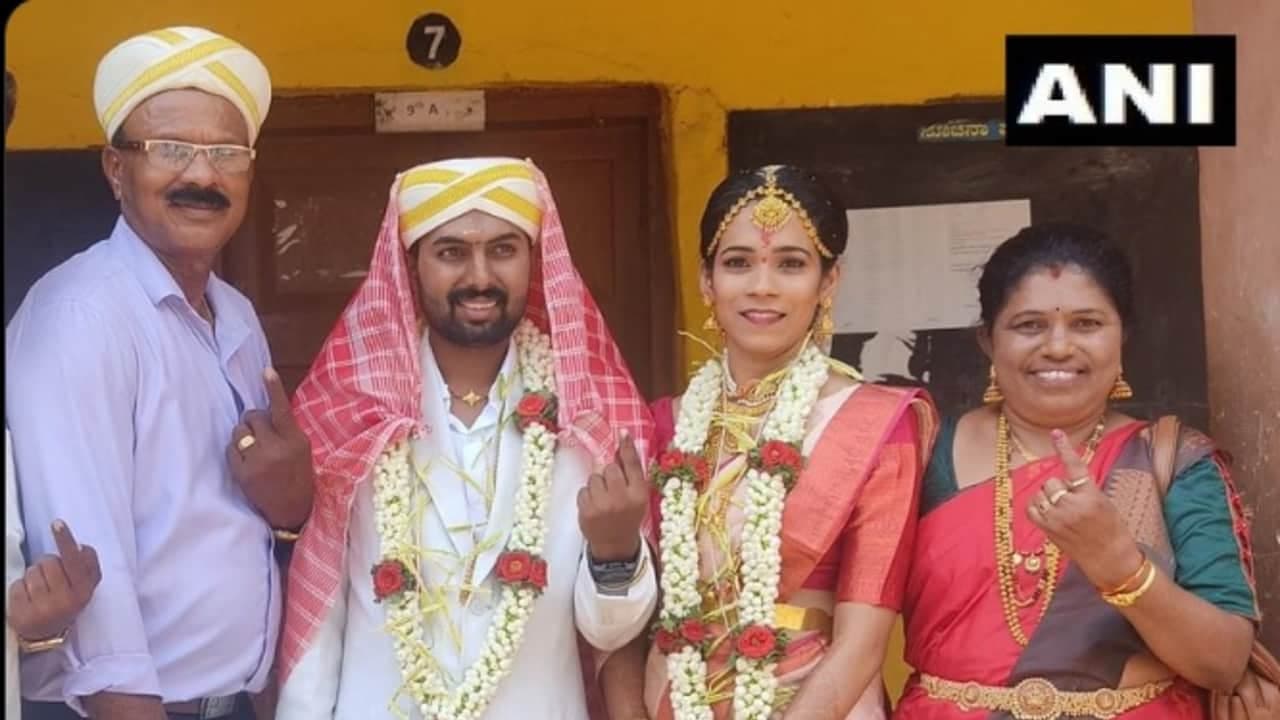 Karnataka polling: Bride, groom, family cast vote Karnataka polling: Bride, groom, family cast vote
